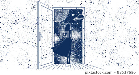 Mystical background with a woman for astrology, the girl stands with her back at the open door to space. Magic illustration with planets, concept of surrealism and psychedelics. Vector banner. 98537680