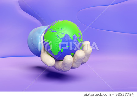 3d hand holding planet earth from plasticine isolated on blue background. world clay toy icon, earth day concept, 3d render illustration, clipping path 3d hand holding planet earth from plasticine isolated on blue background. world clay toy icon, earth day concept, 3d render illustration, clipping path 98537784