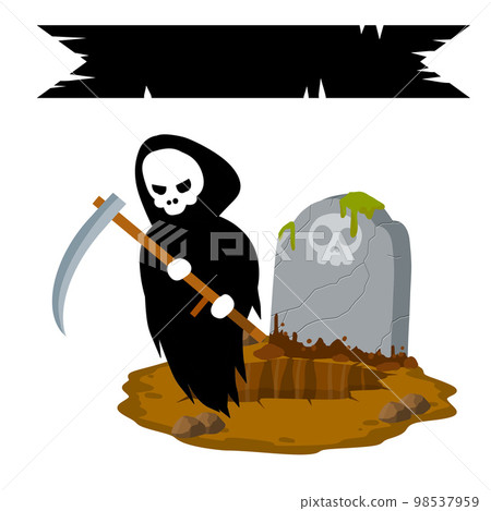Death in cemetery. Scary character with scythe 98537959