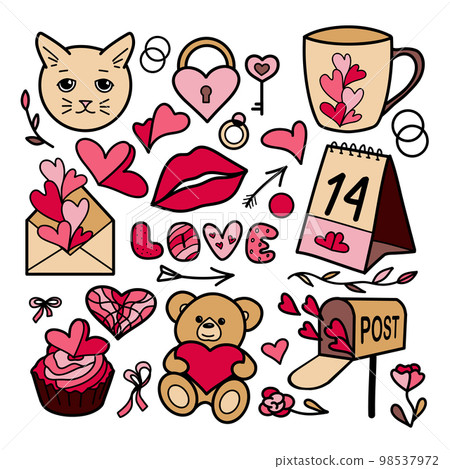 flat drawings, a set for Valentine s Day, February 14 98537972