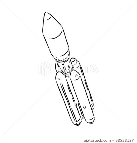 Hand drawn illustration of a geometric space shuttle. Design in dot art style with engraved elements. Sketch isolated on vintage background. Space rocket launch. Concept for start up, release etc. 98538187