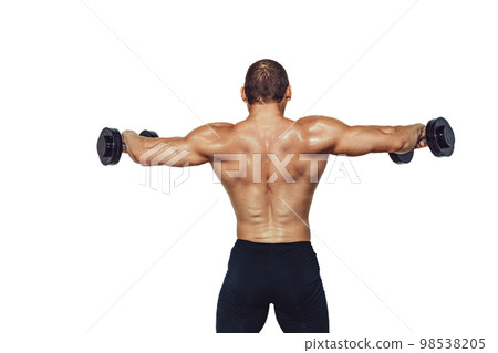 Strong bodybuilder man doing exercises with dumbbells while showing his back on white background Strong bodybuilder man doing exercises with dumbbells while showing his back on white background 98538205