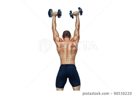 Back view of strong bodybuilder man who lifting up dumbbells on white background. Copy Space Back view of strong bodybuilder man who lifting up dumbbells on white background. Copy Space 98538220