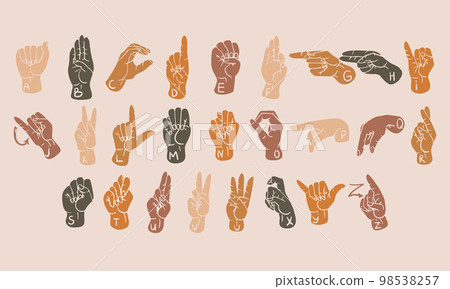 American Sign Language Alphabet. 26 letters of ASL. Sign Language spelling. Deaf culture, gestures. Flat items in boho colors. American Sign Language Alphabet. 26 letters of ASL. Sign Language spelling. Deaf culture, gestures. Flat items in boho colors. 98538257
