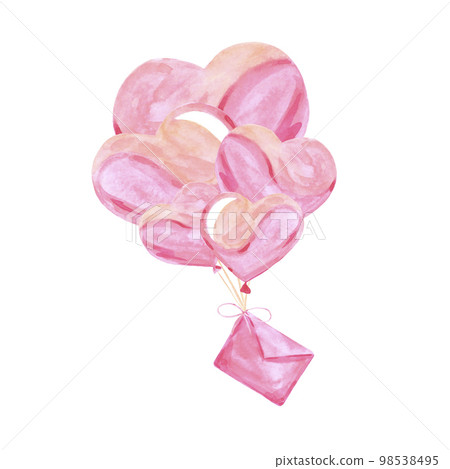 Handdrawn heart balloons. Watercolor pink hearts with love letter. Scrapbook valentine design, typography poster, label, banner, card. 98538495