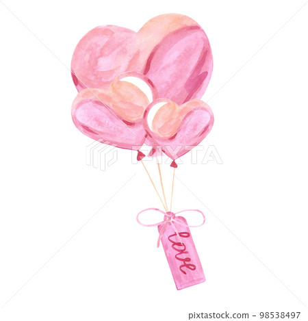 Handdrawn heart balloons. Watercolor pink hearts with love tag. Scrapbook valentine design, typography poster, label, banner, card. 98538497