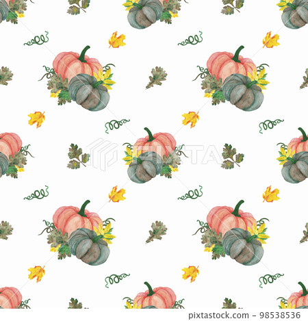 Hand drawn watercolor leaves and pumpkin seamless pattern on white background. Can be used for textile, Halloween Scrapbook design, banner. 98538536