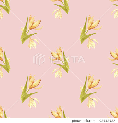 Handdrawn lily seamless pattern. Watercolor cream lily on the light pink background. Scrapbook design elements. Typography poster, wedding card, label, banner design set, textile. 98538582