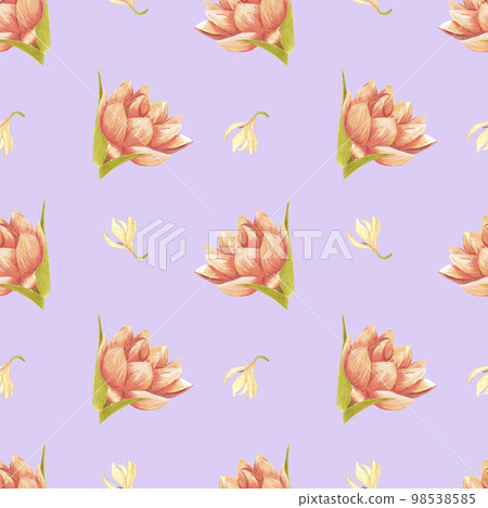 Handdrawn water lily seamless pattern. Watercolor cream lily on the purple background. Scrapbook design elements. Typography poster, wedding card, label, banner design set, textile. 98538585