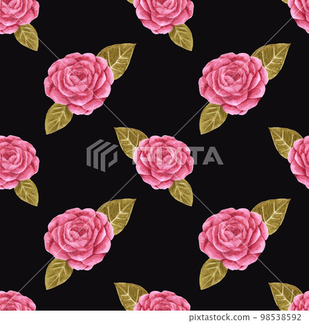 Handdrawn roses seamless pattern. Watercolor red flowers with green leaves on the black background. Scrapbook design, typography poster, label, banner, textile. Handdrawn roses seamless pattern. Watercolor red flowers with green leaves on the black background. Scrapbook design, typography poster, label, banner, textile. 98538592