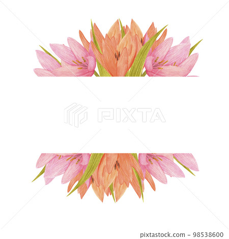 Handdrawn Watercolor pink and orange lily frame with green leaves on the white background. Scrapbook design, typography poster, label, banner, post card. Handdrawn Watercolor pink and orange lily frame with green leaves on the white background. Scrapbook design, typography poster, label, banner, post card. 98538600