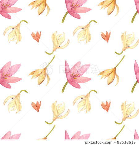 Handdrawn llily seamless pattern. Watercolor pink and cream flowers with green leaves on the white background. Scrapbook design, typography poster, label, banner, textile. Handdrawn llily seamless pattern. Watercolor pink and cream flowers with green leaves on the white background. Scrapbook design, typography poster, label, banner, textile. 98538612