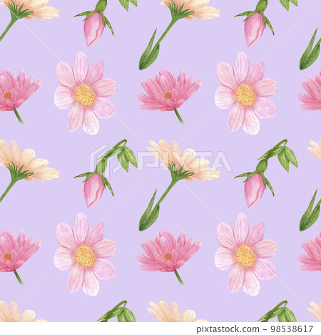 Handdrawn aster seamless pattern. Watercolor pink flowers with green leaves on the purple background. Scrapbook design, typography poster, label, banner, textile. Handdrawn aster seamless pattern. Watercolor pink flowers with green leaves on the purple background. Scrapbook design, typography poster, label, banner, textile. 98538617