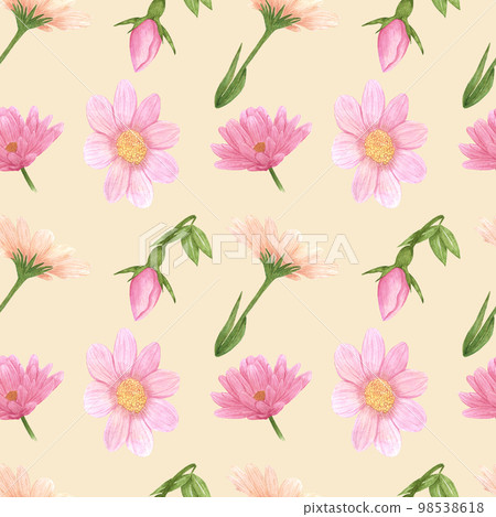 Handdrawn aster seamless pattern. Watercolor pink flowers with green leaves on the cream background. Scrapbook design, typography poster, label, banner, textile. Handdrawn aster seamless pattern. Watercolor pink flowers with green leaves on the cream background. Scrapbook design, typography poster, label, banner, textile. 98538618