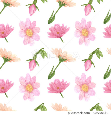 Handdrawn aster seamless pattern. Watercolor pink flowers with green leaves on the white background. Scrapbook design, typography poster, label, banner, textile. Handdrawn aster seamless pattern. Watercolor pink flowers with green leaves on the white background. Scrapbook design, typography poster, label, banner, textile. 98538619