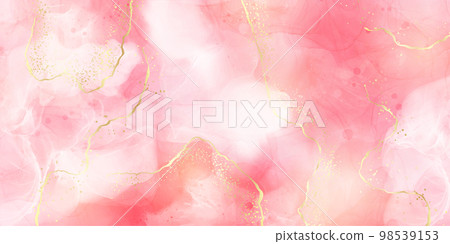 Pink blush liquid watercolor background with golden lines, dots and stains. Pastel marble alcohol ink drawing effect. Vector illustration design template for wedding invitation 98539153