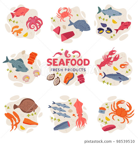 Seafood with Fish, Crustacean and Shellfish as Fresh Sea Product Vector Composition Set 98539510