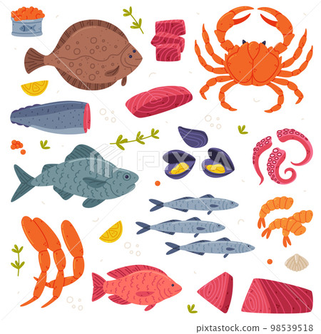 Seafood with Fish, Crustacean and Shellfish as Fresh Sea Product Vector Set Seafood with Fish, Crustacean and Shellfish as Fresh Sea Product Vector Set 98539518