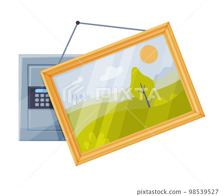 Closed Metal Safe or Strongbox for Securing Valuable Object on the Wall Hidden Behind Hanging Picture Vector Illustration 98539527