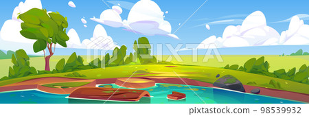 Nature scene with lake, green trees, grass Nature scene with lake, green trees, grass 98539932