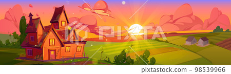 Summer countryside house, morning farm fields 98539966