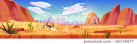 Desert landscape with sand, rocks, bull skull Desert landscape with sand, rocks, bull skull 98539977