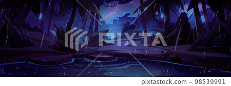 Tropical rain in night jungle forest with swamp 98539991