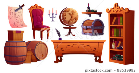 Cartoon set of pirate cabin furniture on white 98539992