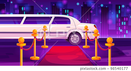 Luxury white limousine car near empty red carpet 98540177