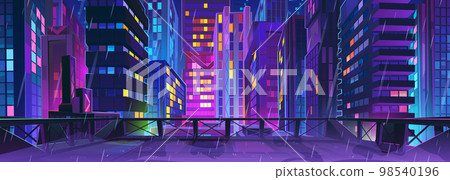 Rainy night cityscape with neon lights Rainy night cityscape with neon lights 98540196