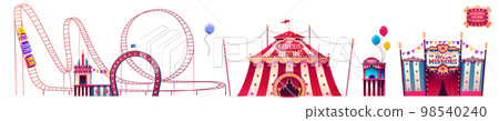 Carnival funfair with roller coaster, circus tent 98540240