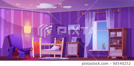 Nursery, baby room with cot bed, chair at night Nursery, baby room with cot bed, chair at night 98540252
