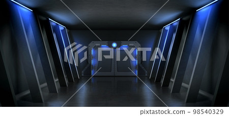 Dark hall with metal door and blue illumination 98540329