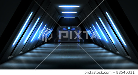 Dark hall with metal door and blue illumination Dark hall with metal door and blue illumination 98540331
