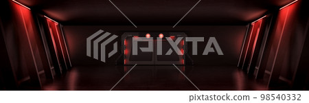 Dark hall with metal door and red illumination 98540332