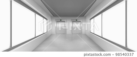 Empty corridor with large windows, elevator doors 98540337