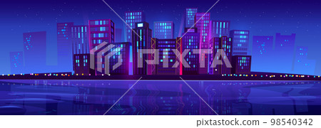 Modern night city near river, neon lights Modern night city near river, neon lights 98540342