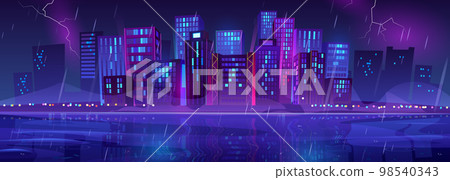 Night rainy city skyline view on sea shore or bank Night rainy city skyline view on sea shore or bank 98540343