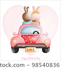 Rabbit in love, Couple Rabbit on classic car, Watercolor Rabbit Valentine day, Easter Bunny 98540836