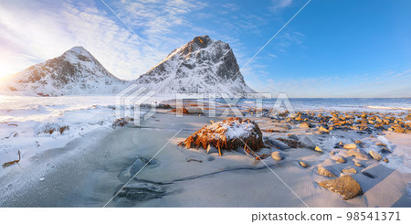 Fabulous winter scenery on Uttakleiv beach at morning Fabulous winter scenery on Uttakleiv beach at morning 98541371