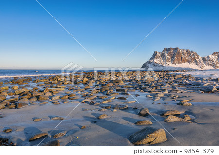 Gorgeous winter scenery on Uttakleiv beach at morning Gorgeous winter scenery on Uttakleiv beach at morning 98541379