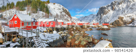 Amazing morning seascape of Norwegian sea and cityscape of Nusfjord village. 98541420