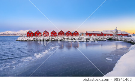 Gorgeous scenery wit traditional red wooden houses on the shore of Offersoystraumen fjord. 98541463