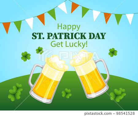St. Patrick's Day, mugs with beer, garlands with flags and congratulatory text. Postcard, banner, vector 98541528