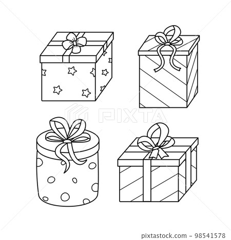 Icons of gifts with bows. Vector doodle elements wrapping paper. A set of gift boxes wrap for the holiday. Isolate on a white background illustration. 98541578