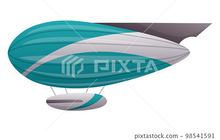 Zeppelin passenger airship. Bright colored cigar shaped balloon or retro zeppelin with stripes cabin for people elongated. Huge balloon with helium for free travel tourism. Vector cartoon art 98541591