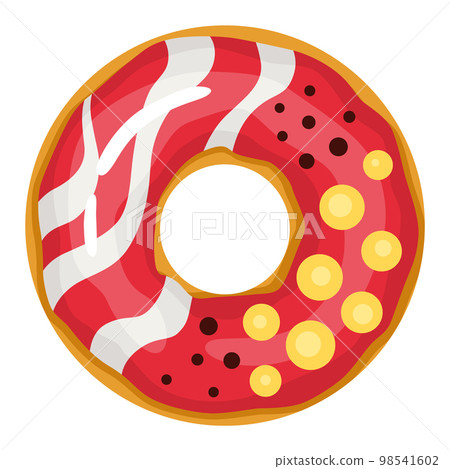 Donut. Top view sweet dessert into glaze for menu design, cafe decoration or delivery box. Candy food with sprinkles. Traditional breakfast Donut. Top view sweet dessert into glaze for menu design, cafe decoration or delivery box. Candy food with sprinkles. Traditional breakfast 98541602
