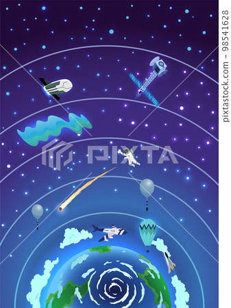 Earth atmosphere layers. Colorful infographic poster with meteors, radiosonde, satellite and spaceship. Vector illustration, starry sky background 98541628