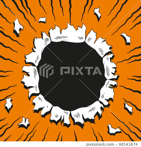 Comic book hole. Vector paper is torn through boom explosion. Circle hole in the middle on green background. Comics style cover template or flyer wallpaper 98541674