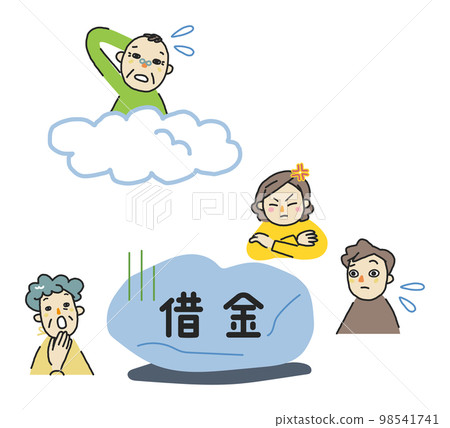 A bereaved family who is surprised and angry at being left with a negative inheritance and a father with a dead expression in heaven Illustration material 98541741